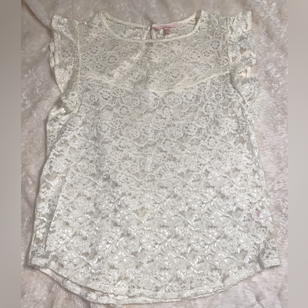 Victoria’s Secret Ivory Floral Lace Ruffle Short Sleeve Sheer Top Size S